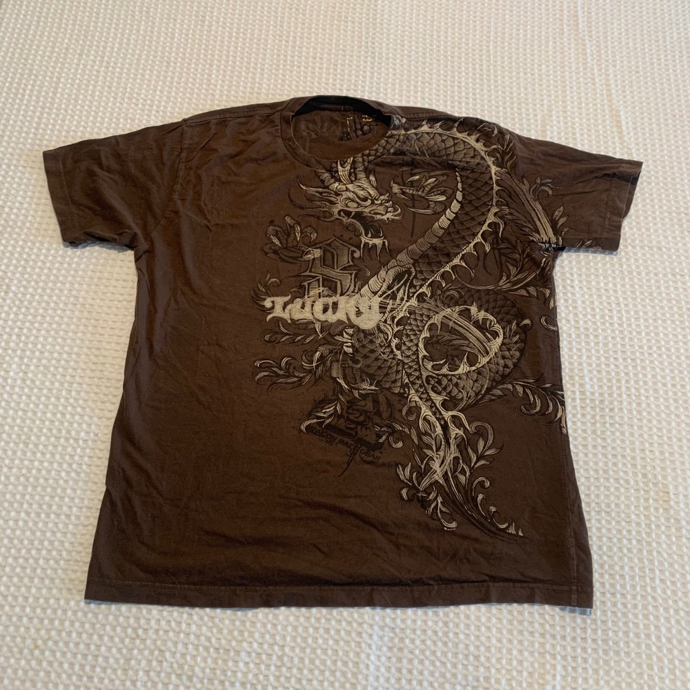 Lucky 8 Dragon Race Gear Graphic T-Shirt Brown Short Sleeve Mens Large